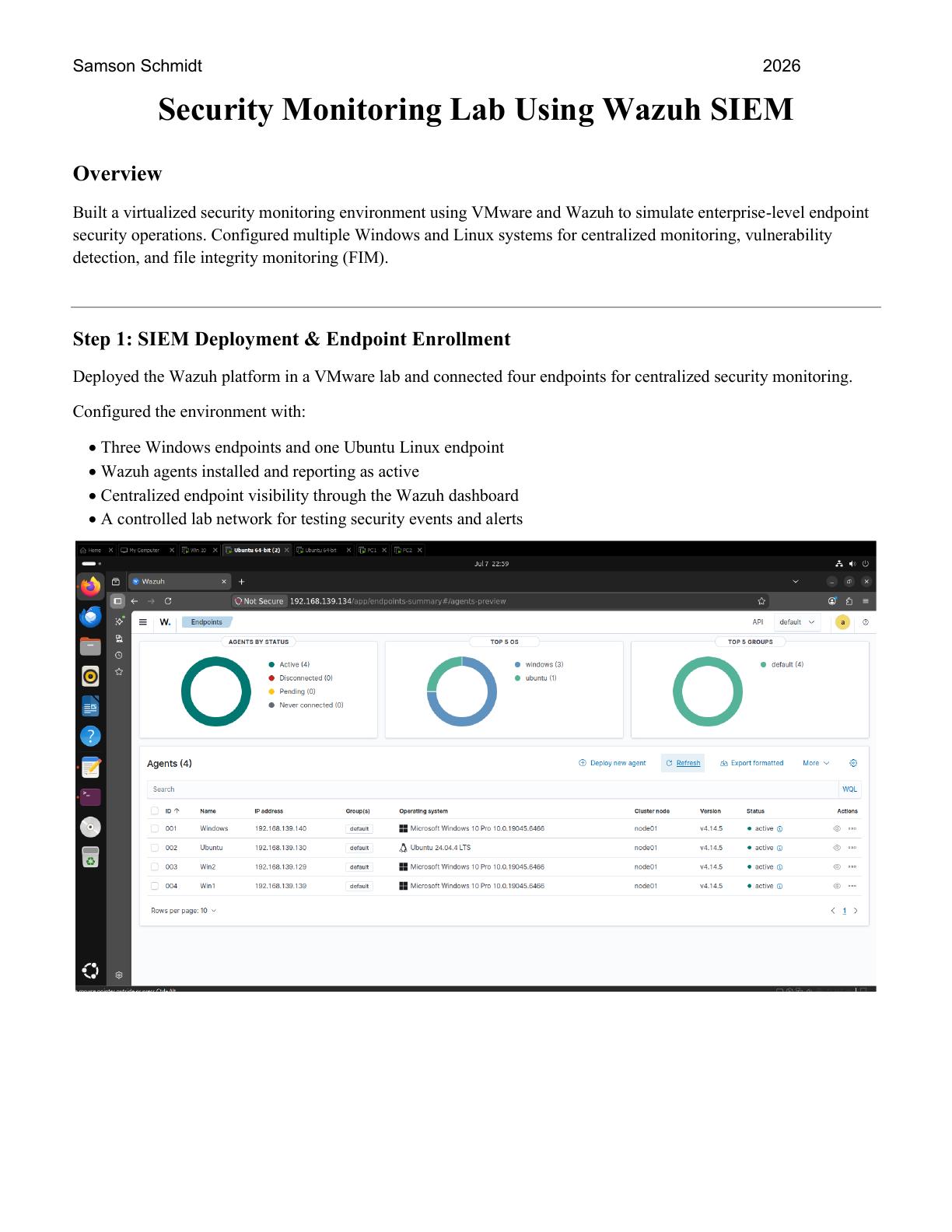 Wazuh SIEM dashboard from Samson's homelab